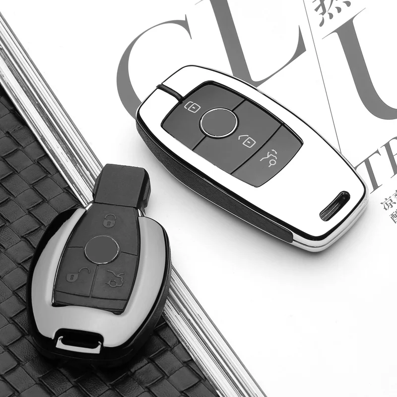 Zinc Alloy Leather Car Key Case Cover For Mercedes Benz E V-Class E300 W202 W210 2017 Protector Shell Keychain Auto Accessories