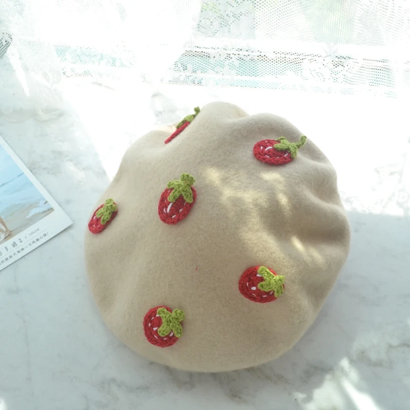 DIY handmade women's beret hat small fresh strawberry painter hat girl autumn and winter cute all-match biscuits hat beanie hat