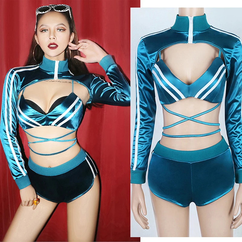 

Roupa Feminina Sexy DJ Costumes For Women Female Blue Suit 3pcs Nightclub Bar DS DJ Pole Leading Dance Stage Costume Wear