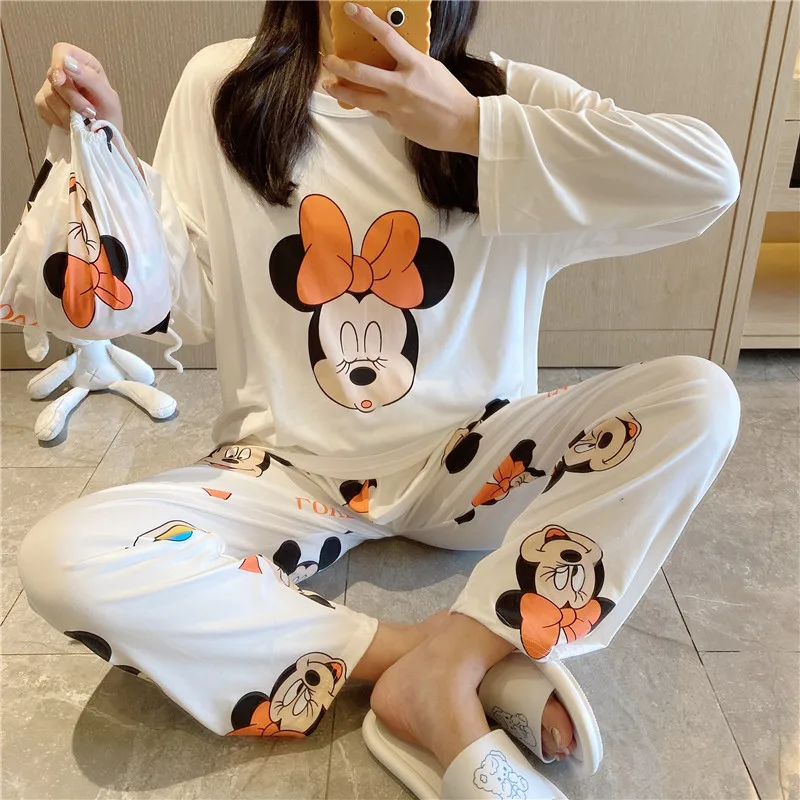 Disney Girl Daisy Printed Spring and Autumn Bag Pajamas Women Cute Cartoon Long Sleeve Long Pants Homewear Set Pajamas