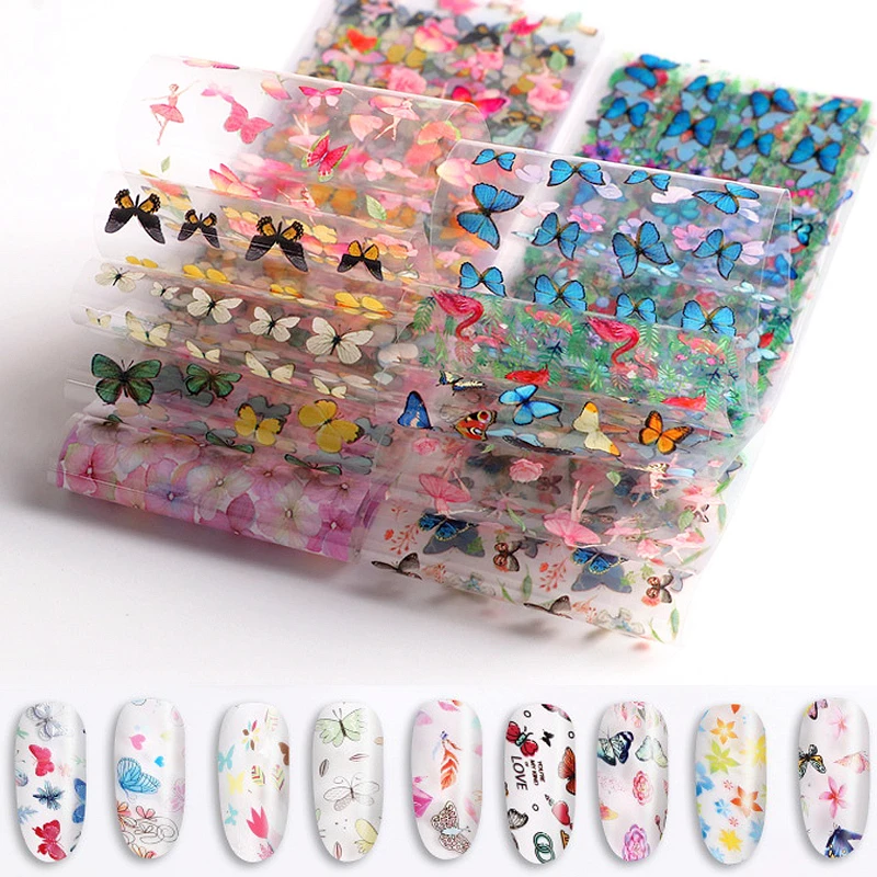 

10PCS 20*4CM Nail Stickers Nail Art Transfer Foil Cool Painting Flower Butterfly Adhesive Wraps Decal Manicure Accessories