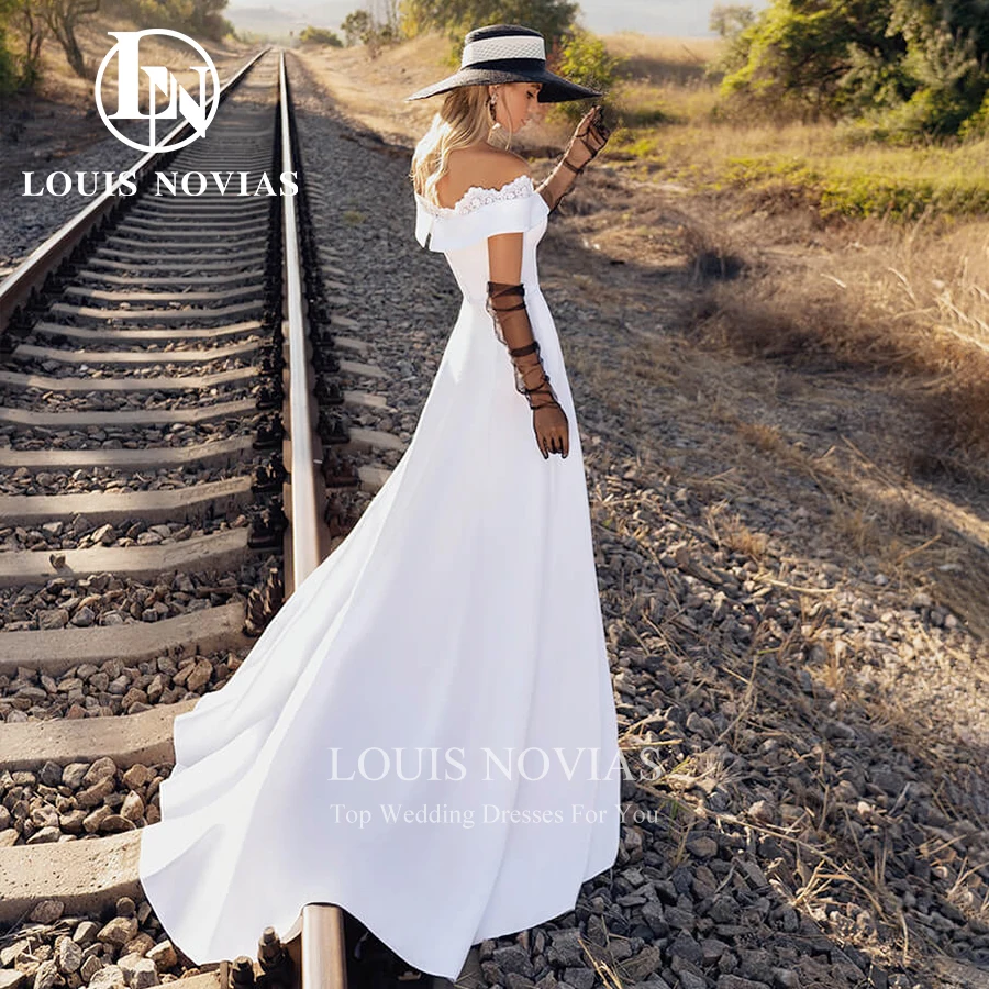 LOUIS NOVIAS Satin Váy Cưới Năm 2022 Sang Trọng Lệch Vai Phối Ren Hở Lưng Chữ A Áo Dài Cô Dâu Cổ Thuyền Vỏ Bọc Cô Dâu Đầm