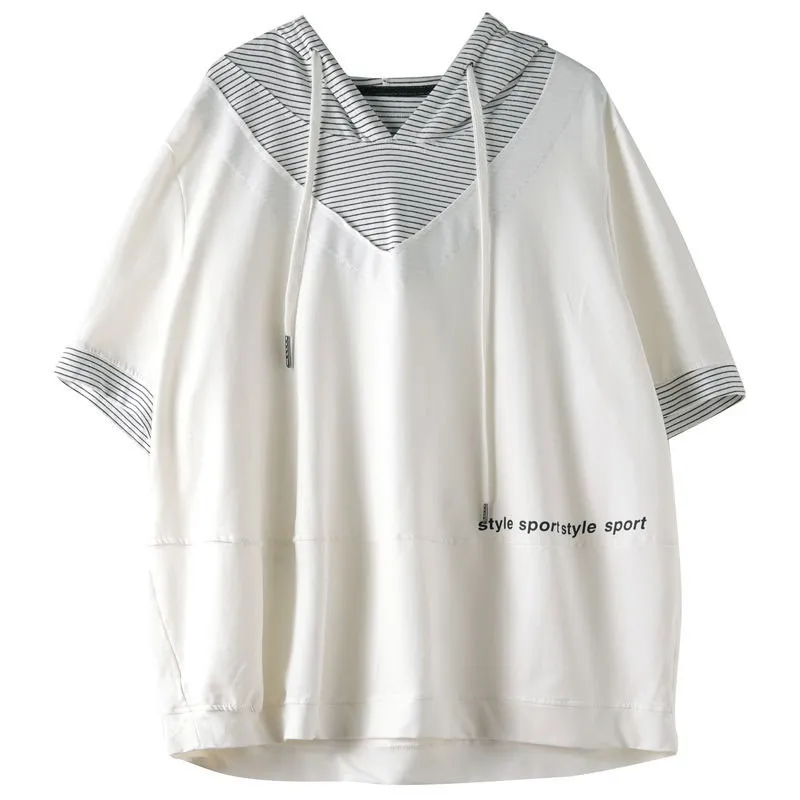 Summer New Korea Fashion Women Short Sleeve Loose T-shirt Patchwork Hooded  Casual Tee Shirt Femme Cotton Tops M459