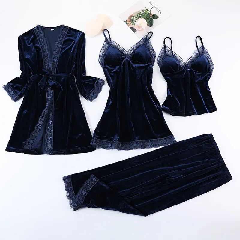 2022 Black Lace Gold Velvet 4 Pieces Women Warm Winter Pajamas Sets With Pants Sexy Robe Pajamas Sleepwear Sleeveless Nightwear