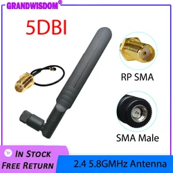 2.4GHz 5GHz 5.8Ghz WIFI Antenna IOT 5dBi SMA Male Connector Dual Band wi fi Antena 2.4G 5G 5.8G + 21cm RP-SMA Male Pigtail Cable