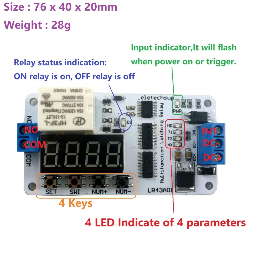 LR43A01 DC 12V 10A Magnetic Latching(keep) Multifunction Energy saving Delay Relay Time Switch Turn on/off PLC Module