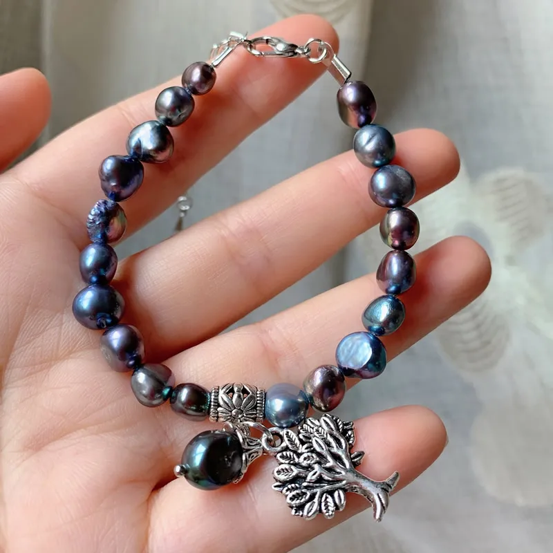 Rainbow Black Baroque Pearl Bracelets Women Natural Freshwater Pearl Bracelets Tree Charm Prayer Life Healing Reiki Meditation