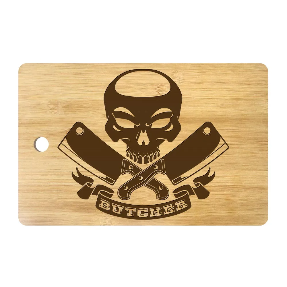 Skull with Crossed Meat Cleavers Custom Engraved Cutting Board Gothic Home Decor Meat Butcher Skull Dead Chef Chopping Block