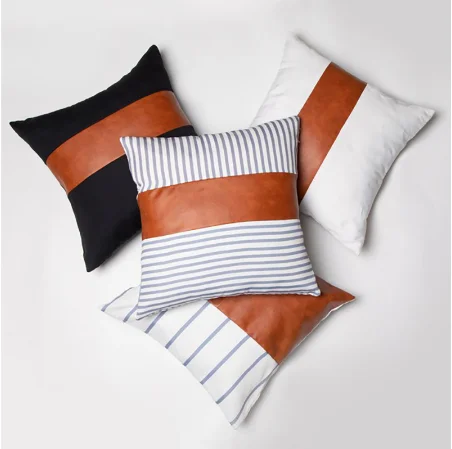 Children Cute Cushion Cover Pillow Cover 45*45cm Decorative Pillows PU Leather Striped Stitching Cushion Covers Pillowcases