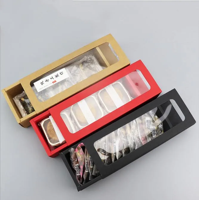 

10pcs PVC Clear Window Paper Box Drawer Style Cookie Box Black Brown Red Paper Macaron Chocolate Gift Box