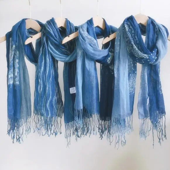 65x185cm Gradient Blue Color Linen Soft Scarves Women 100% Linen Scarf Summer Travel Sunscreen Long Shawl Elegant Women Hijab