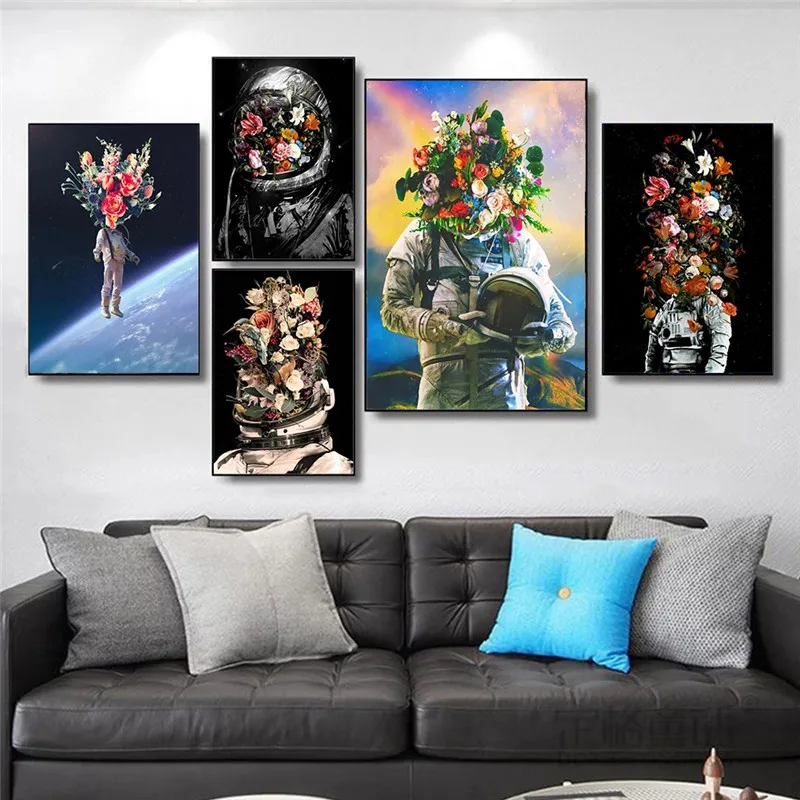 

Abstract Universe Space Station Flowery Head Astronaut Canvas Painting Posters and Prints Wall Art Picture Living Room Decor