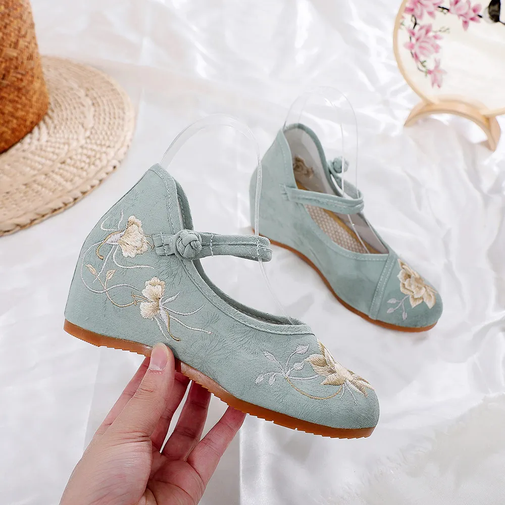 Veowalk Ankle Buckles Women Jacquard Fabric 3cm Hidden Platforms Ladies Comfortable Soft Sneakers Chinese Embroidered Shoes