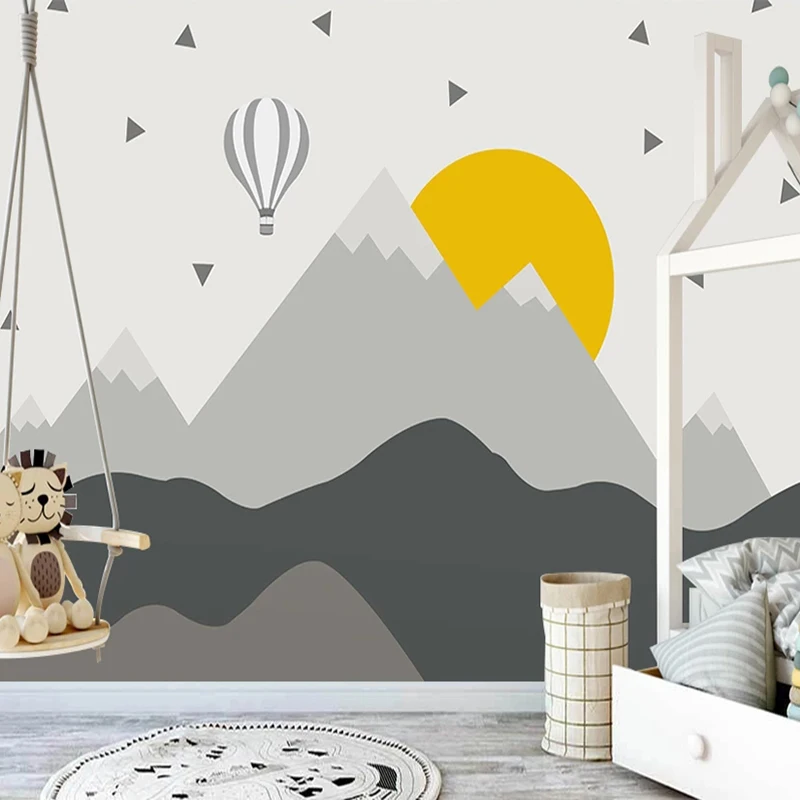 

Custom Mural Children Room Wallpaper Cartoon Geometric Mountain Peak Hot Air Balloon Boy Girl Bedroom Wall Painting Home Decor