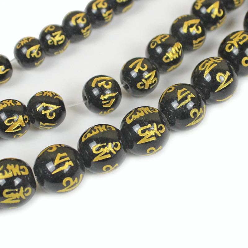 black Crystal Buddhism Golden Om Mani Padme Hum Mantra Bead Pick Size 8/10/12mm Necklace Bracelet DIY Jewelry Makings