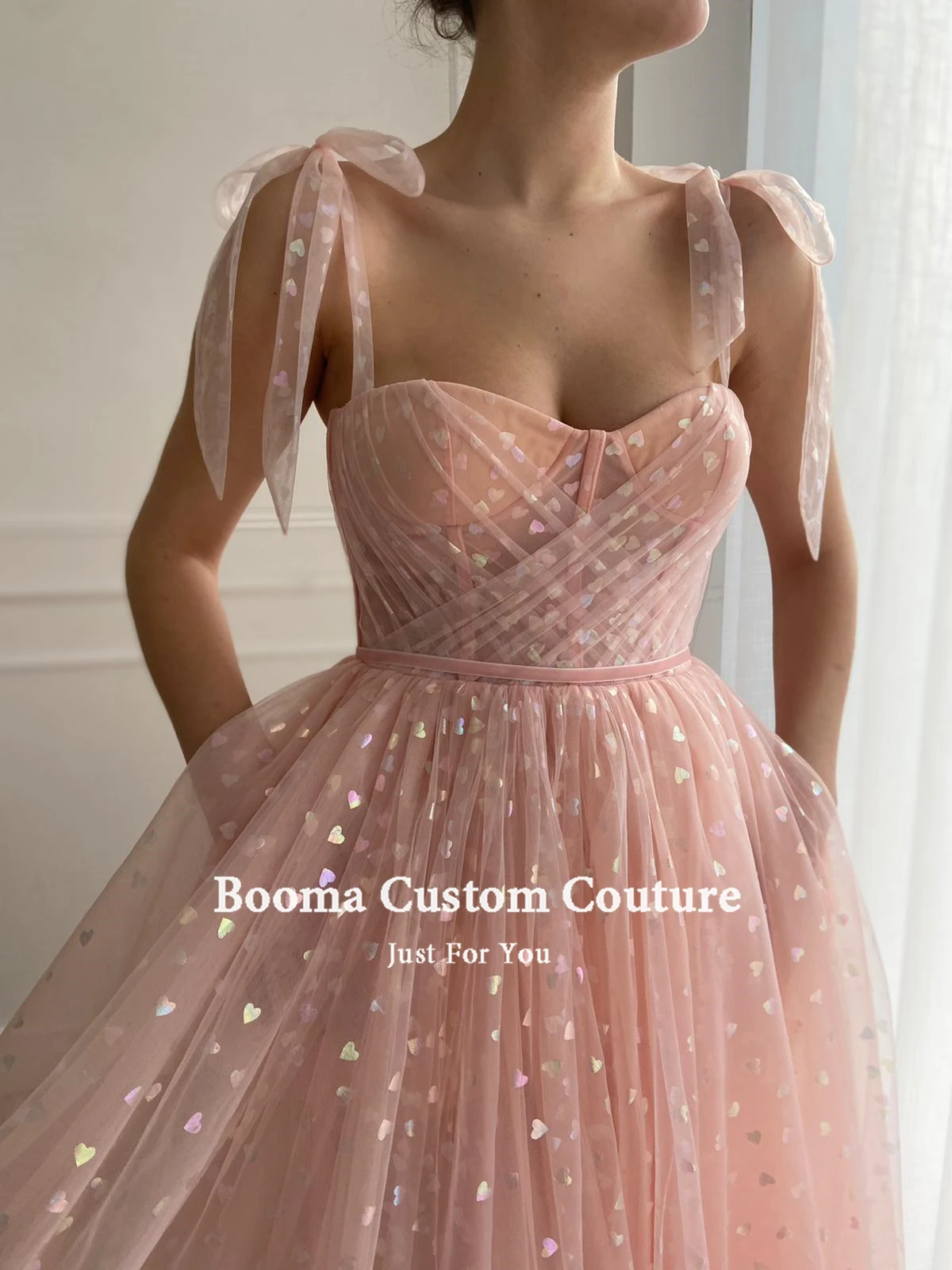 Booma Blush Pink Hearty Evening Dresses 2022 Spaghetti Straps Midi Prom Dresses with Pockets Tea-Length Wedding Party Dresses