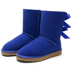 Due stivali in vera pelle Bowknot 2023 stivali da neve da donna stivali invernali caldi stivali da donna scarpe invernali calde scarpe basse in peluche spesse