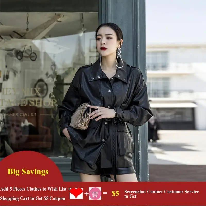 Women's Basic Leather Jacket Korean Loose Oversized Motorcycle Jacket Casual Faux Leather Coat Belted Pocket Overcoat Handsome