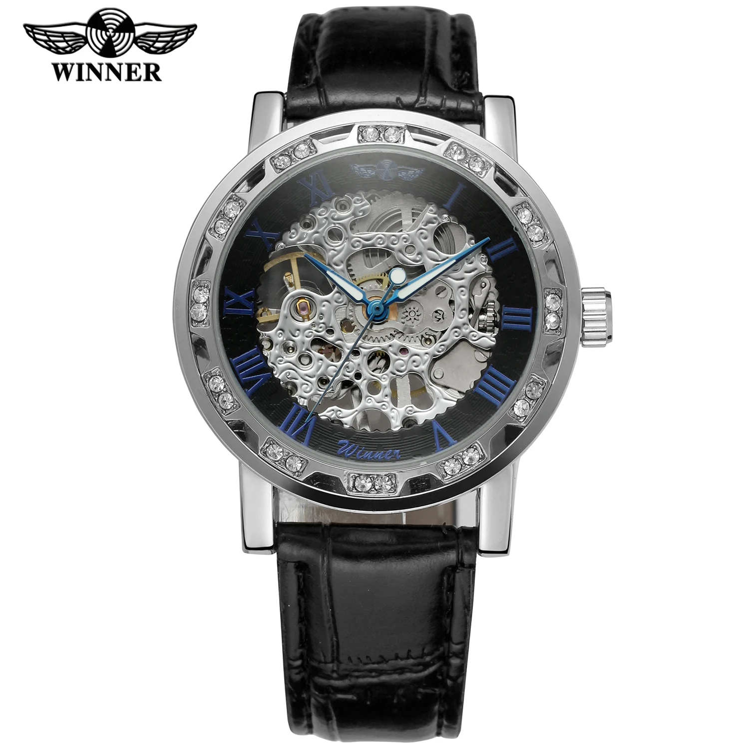 

WINNER Fashion Men's and Women's Wrist Watch With Diamonds Black Leather Strap Automatic Mechanical Watch