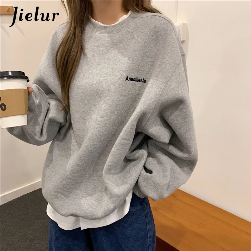 Jielur Orange Gray Sweatshirt Women M-XL Fake Two Piece M-XL Size Hoodie Female Loose Korean Fleece Streetwear Letter Embroidery