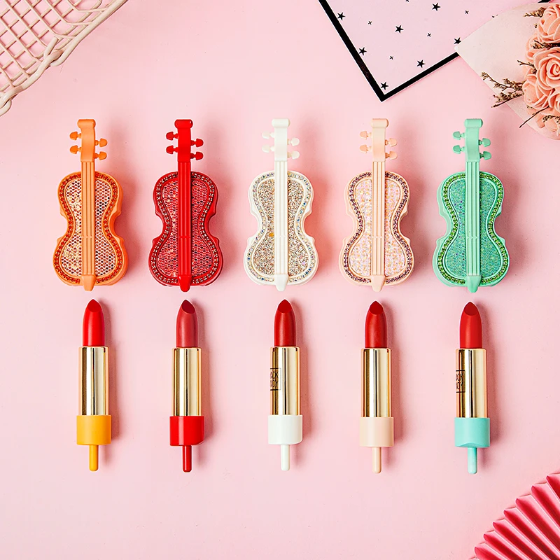 Violin Musical Note Velvet Matte Lipstick 5pcs Lip Makeup Set Smooth Pigmented Rich Color Waterproof Long-wearing Lipstick