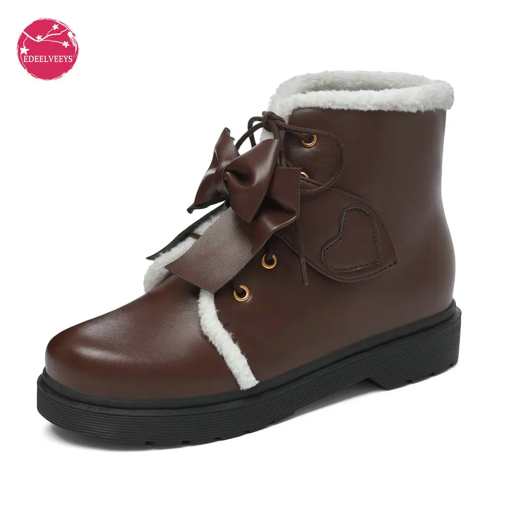 

EDEELVEEYS Big Size 34-43 Women Leather Lolita Ankle Boots 2021 Winter Shoes Fashion Lace Up Fauxe Fur Keep Warm JK Uniform Wear