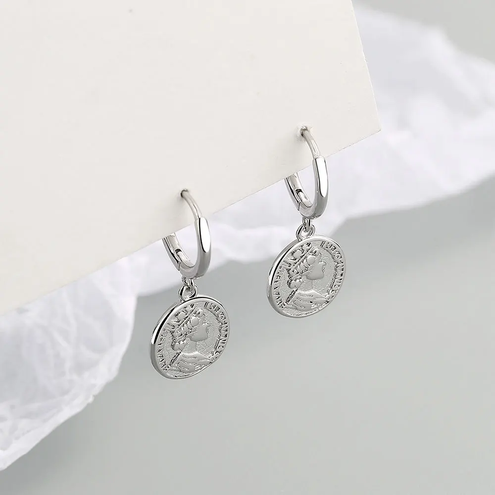 LIVVY Silver Color Coin Vintage Round Portrait Pendant Earrings For Women Fashion  Simple Personality Jewelry