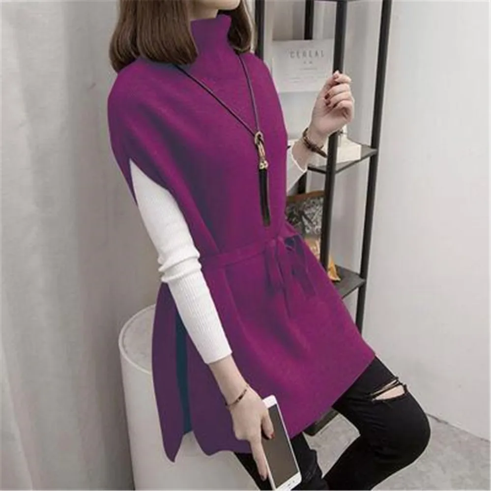 Women Sweater Vest Women's Turtleneck Sweater Vest Pullover Winter Knitted Dress Loose-Fitting Waistcoat Loose Dress Female Tops