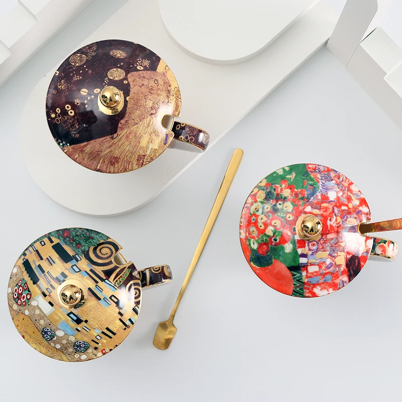 Coffee Mug with lid and spoon Bone China Antient Klimt painting Tea cups with lid Luxury Gift