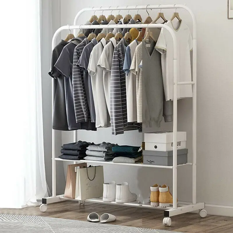 Grande Duplo Rail Clothes Rack, Shoes Storage Shelf, Rolling Stand, Branco, 1.5m