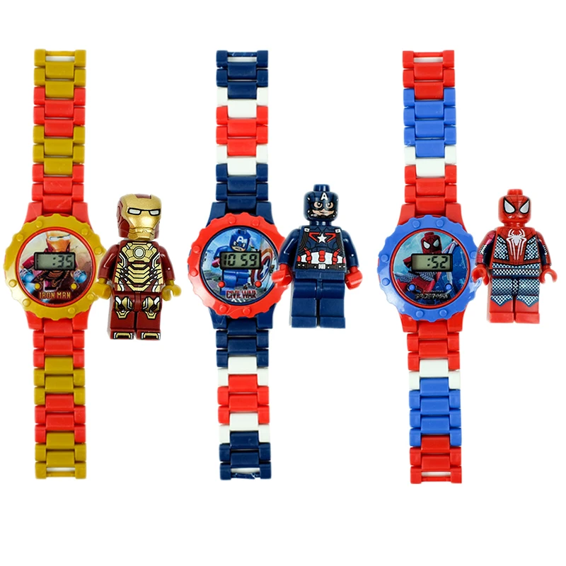 The Avengers Spiderman iron Man LED electronic watch Building Blocks Assemble Doll Creativity electronic watch Boy toy watch