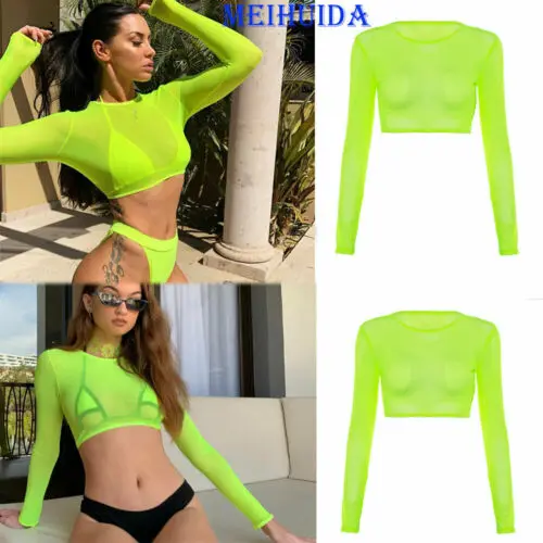 Women Beach Fishnet Mesh Cover Up Swimsuit Beachwear Women Crop Tops Tee See Through Long Sleeves T-shirt Cover Up