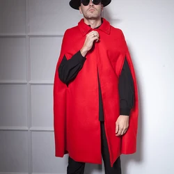 Big red mid-length shawl cape cape European and American male nightclub hip-hop bar host DS woolen coat