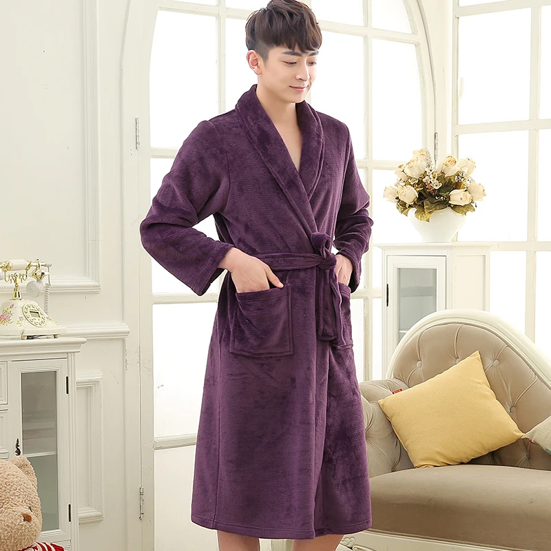 New Lovers Soft as Silk Winter Warm Long Bathrobe Men Flannel Kimono Bath Robe Mens Lounge Coral Fleece Dressing Gown Male Robes