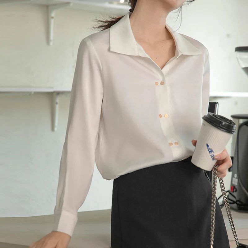 Seoulish Elegant Satin OL Style White Women Blouse 2021 New Spring Autumn Single Breasted Turn-down Collar Office Shirts Female