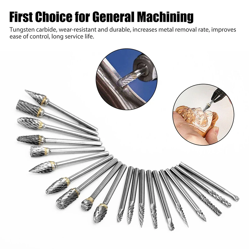 20PCS Tungsten Carbide Steel Rotary Burr Die Grinder Drill Bit Kit 3mm Shank Carving Files Burrs Set For Woodworking Engraving