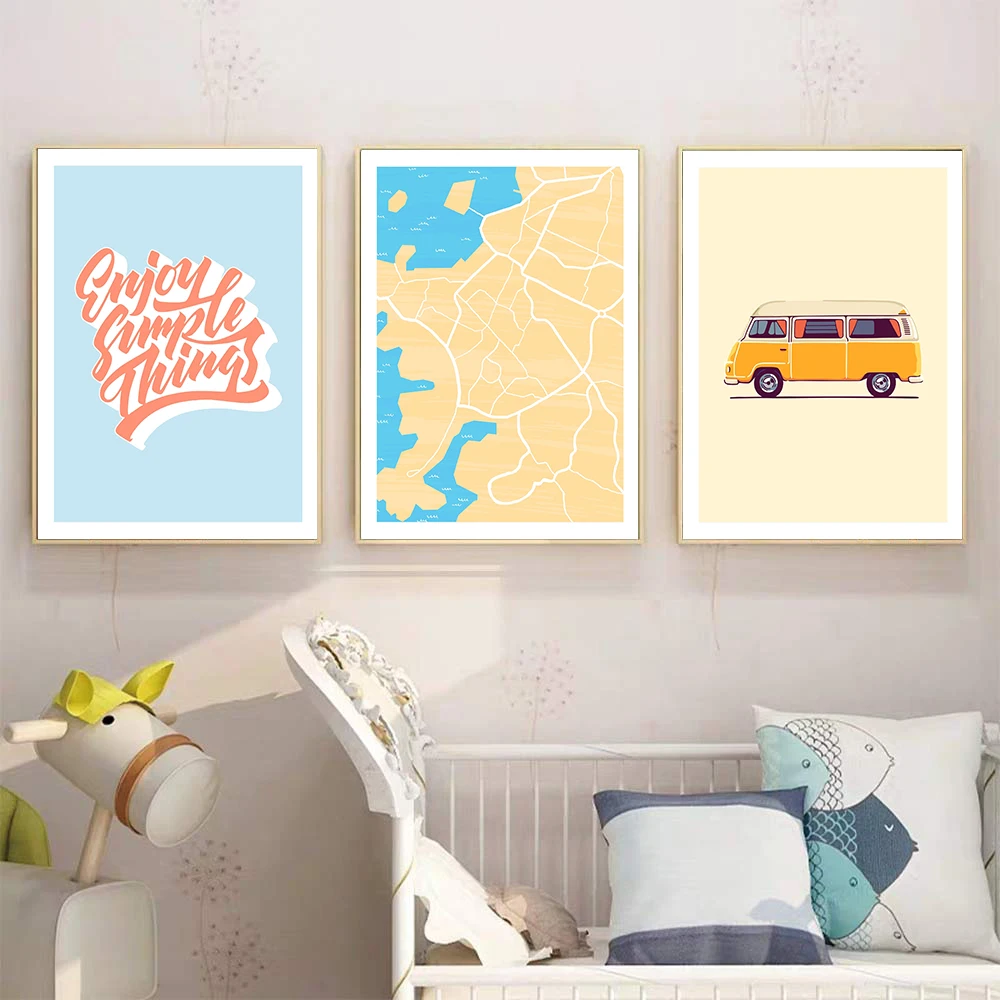 Enjoy Simple Things Quote Picture Nordic Wall Art Mural Yellow Hippie Bus Canvas Painting Pula Map Poster Prints Kid Room Decor
