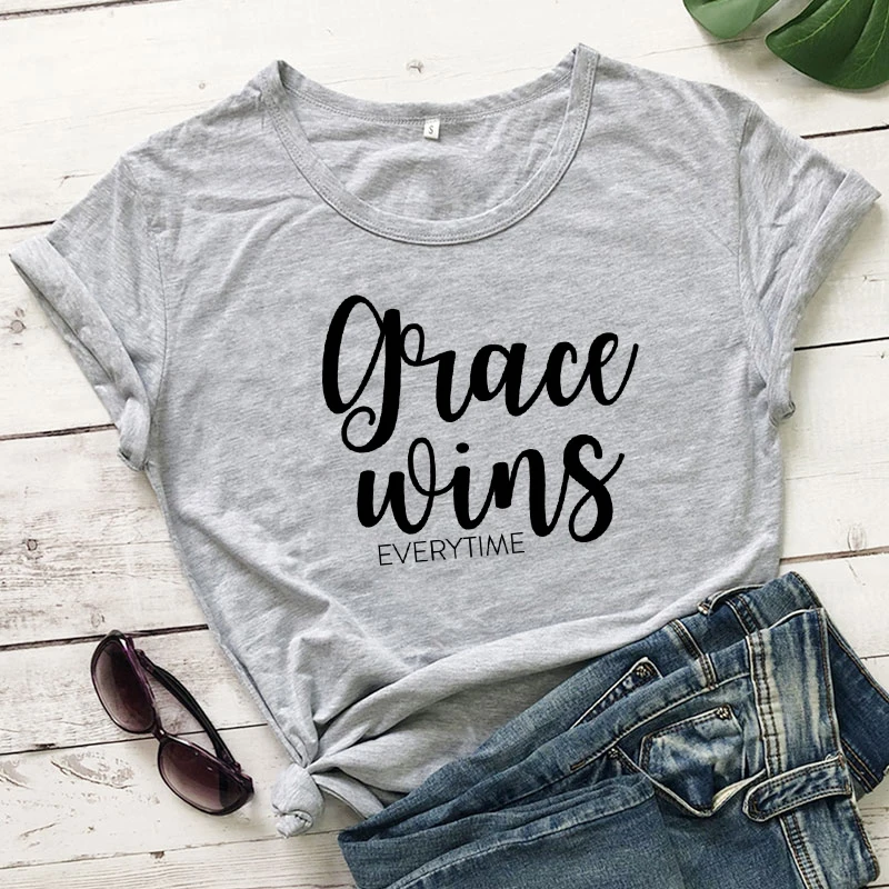 Grace Wins Everytime 100%Cotton T-shirt Unisex Religious Church Christian Tshirt Casual Women Jesus Faith Top Tee Drop Shipping