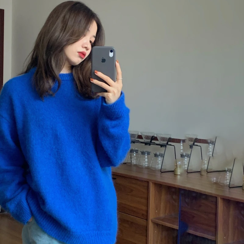 Women\'s Knitted Oversized Blue Sweater, O-Neck Pullovers, Loose Knit Jumper, Female Streetwear, Warm Outerwear, Autumn, Winter