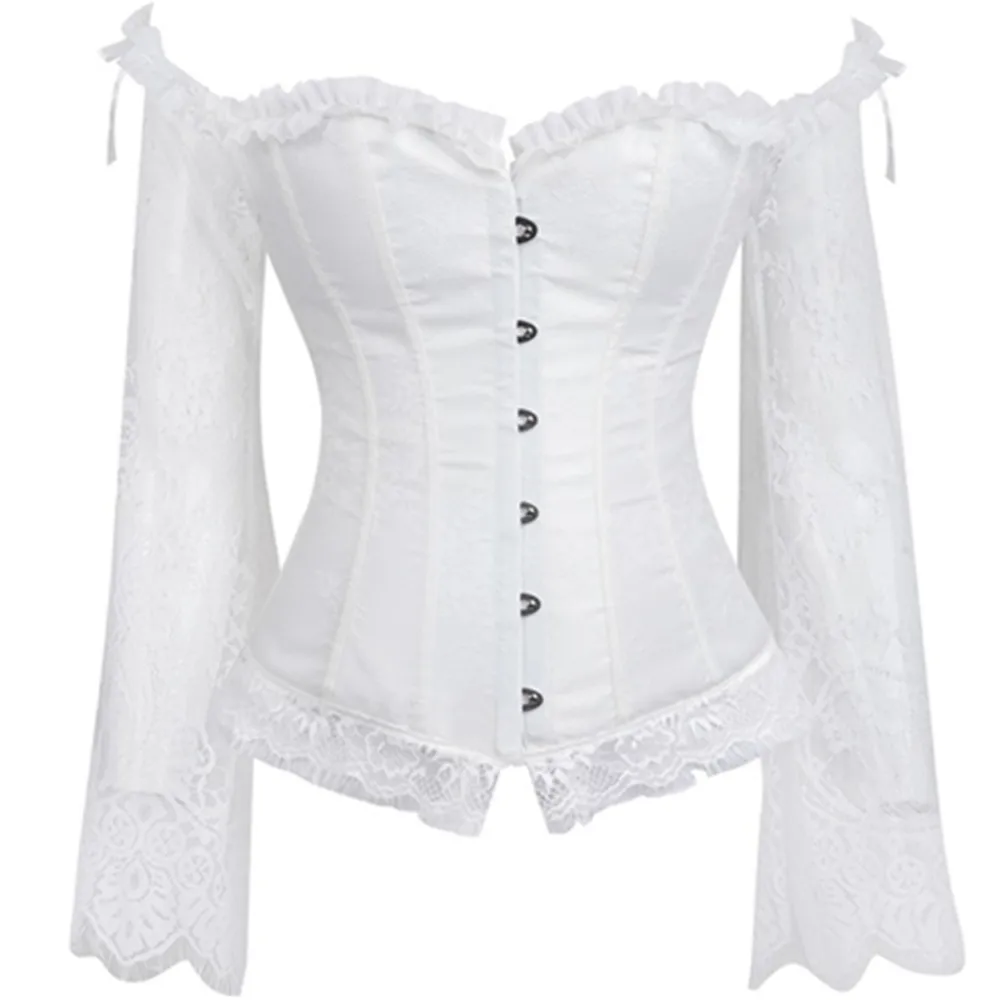 Sexy White Ruffle Off Shoulder Lace Overbust Corsets And Bustiers Flare Long Sleeves Steampunk Gothic Wedding Bridal Corset