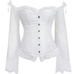 Sexy White Ruffle Off Shoulder Lace Overbust Corsets And Bustiers Flare Long Sleeves Steampunk Gothic Wedding Bridal Corset