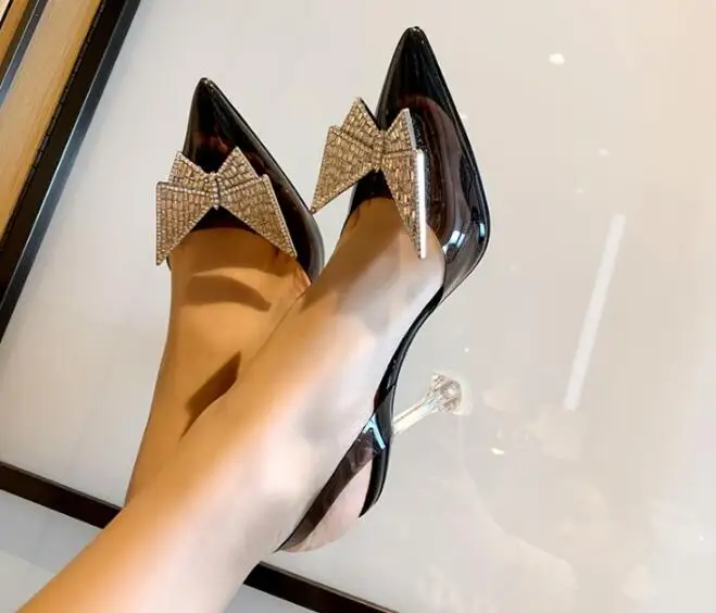

Woman Black White Clear PVC Butterfly Knot Shallow Pumps Female Pointed Toe Crystal Bling Slip On Elastic Band Party Heels Shoes