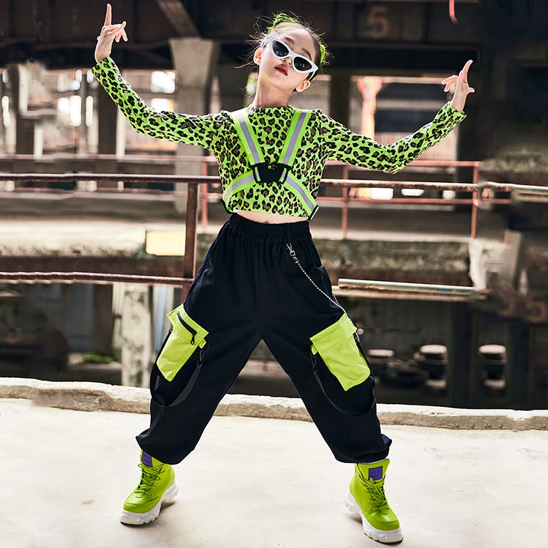 Kids Street Dance Hip Hop Clothes Girls Green Leopard Tops Reflective Vest Hip-Hop Pants Jazz Performance Stage Costume BL7306