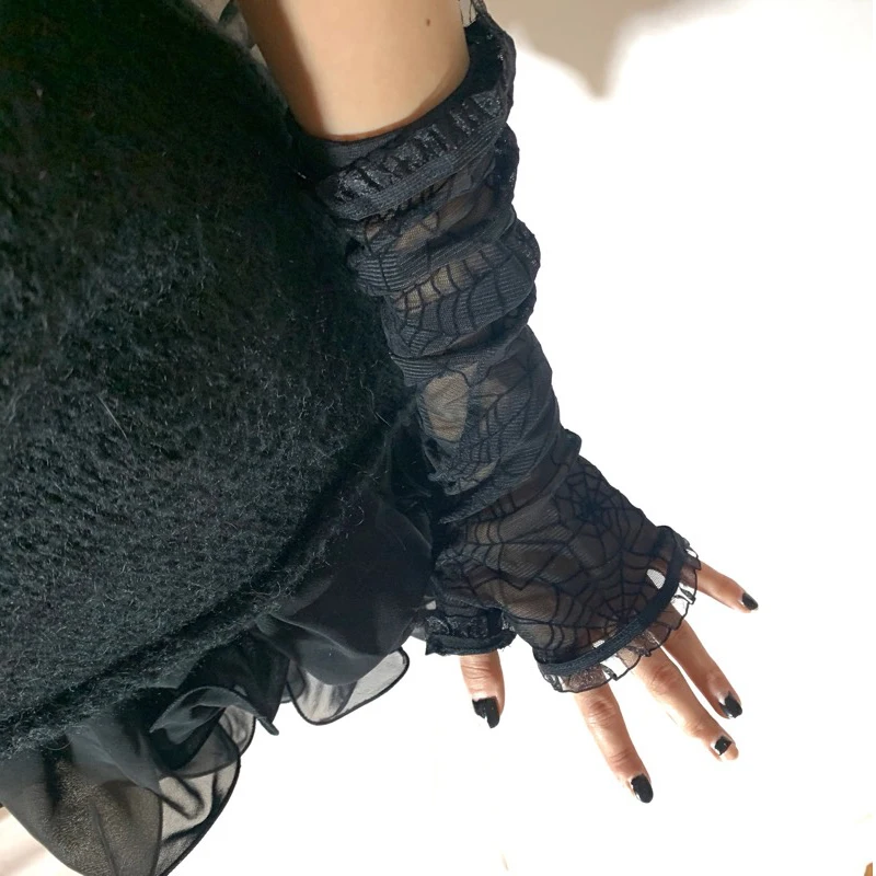 Rock Party Hip-hop Gloves Transparent Punk Mitten 2023 Cool Halloween Mesh Fingerless Cuff Cobweb Lace Gothic Women Black Print