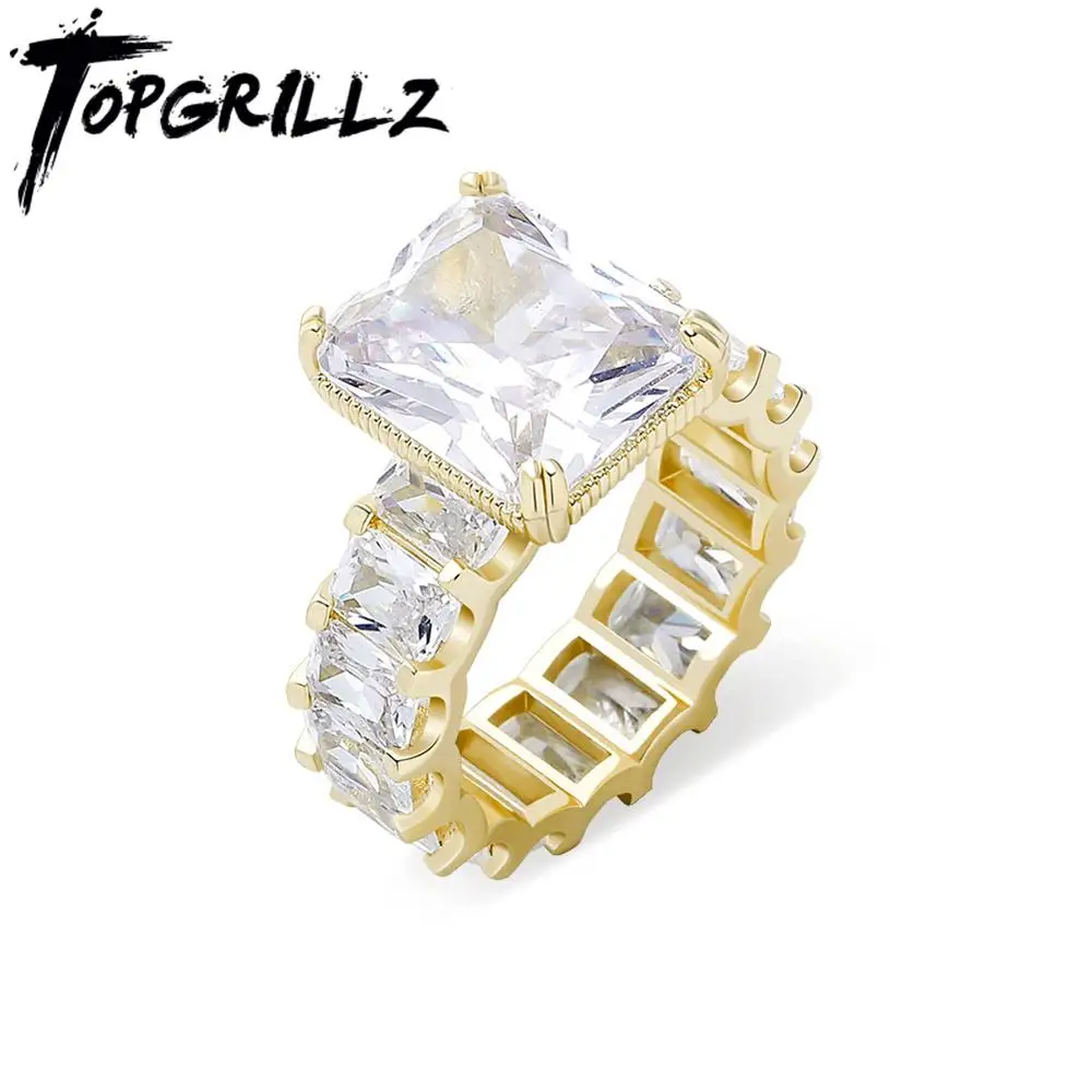 TOPGRILLZ New Square CZ Rings High Quality Copper Gold Color Iced Out Cubic Zirconia Rings Hip Hop Jewelry Gift For Women