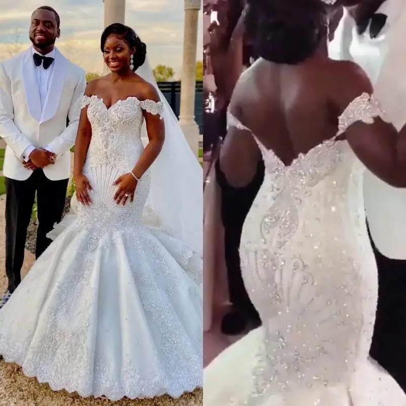 Luxury Arabic African Mermaid Wedding Dresses 2025 Off Shoulder Backless Crystal Rhinestones Vestidos De Fiesta Bridal Gown