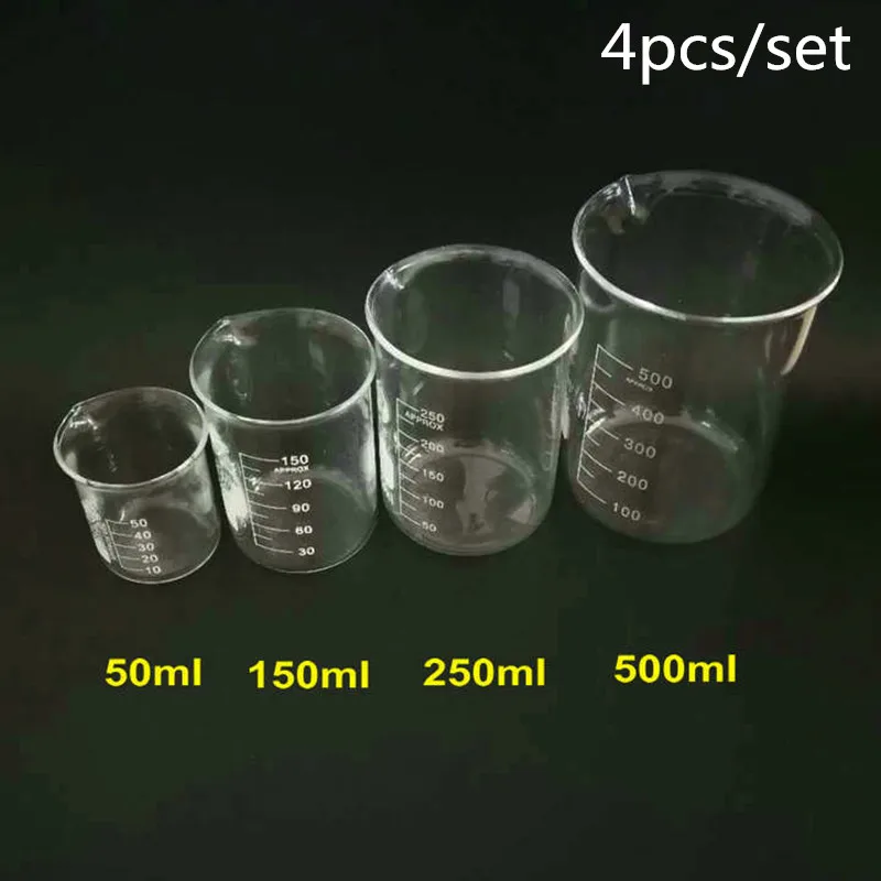 4pcs/set 50/150/250/500ml Glass Beaker For Laboratory Tests, Measuring Cup Volumetric Glassware For Lab Experiments