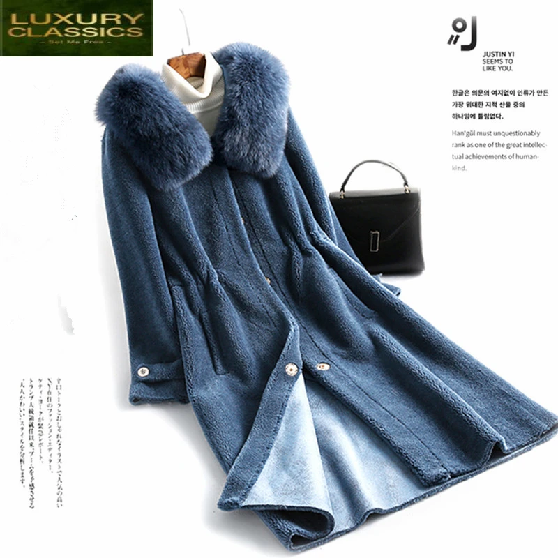 

Coat Real Female Fur Winter Long Natural Fox Fur Hood Jacket Women Korean 100% Sheep Shearing Coats Vintage Fur Tops Hiver 00618