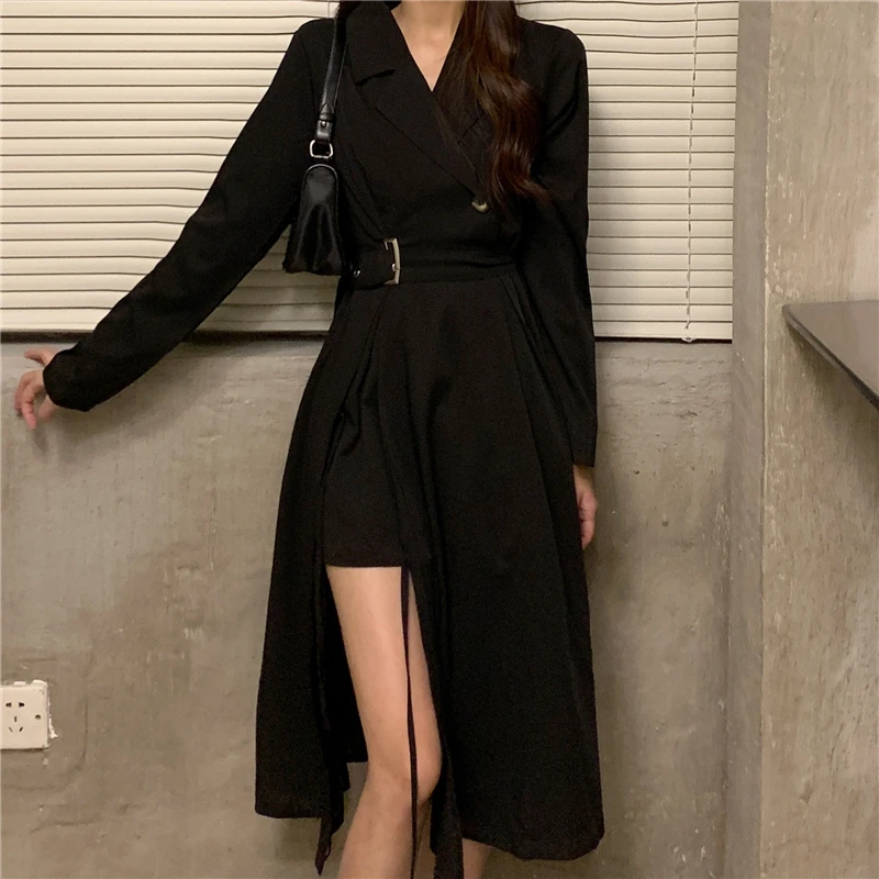 Spring Autumn Korean Fashion Long Sleeve Blazer Dress Women Sexy Notched Collar High Split Gothic Long Sashes Vestidos 2023