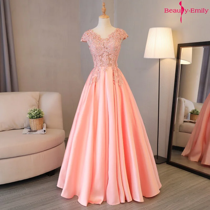 Schoonheid Emily Gorgeous 2023 Lange Kant Applicaties Roze Avondjurken V-hals Mouwloos Plisse Prom Gown Voor Ceremonie Feestjurk